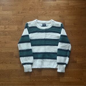 Abercrombie Sweater Women M Pullover Fuzzy Crewneck Ivory Green Navy Stripe Knit